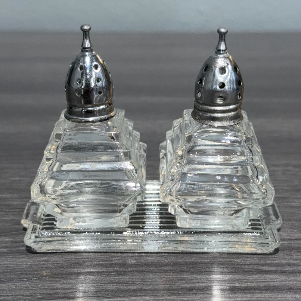 Vintage Art Deco Stepped Glass Salt and Pepper Shaker Set with Tray 3 Piece